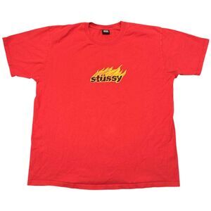 Stussy Red 100% Cotton Flames Logo Graphic Crew Neck T-Shirt, XL